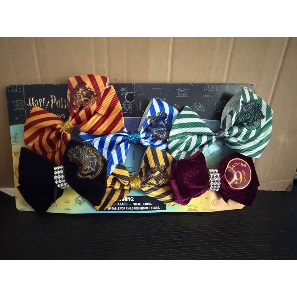 Harry Potter Hair Bows Set 6pc Hogwarts House Crests Platform 9 3/4 Clips NEW